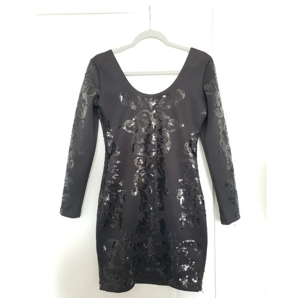 Black Long Sleeved baroque style  sequined Dress SMALL - Picture 8 of 11